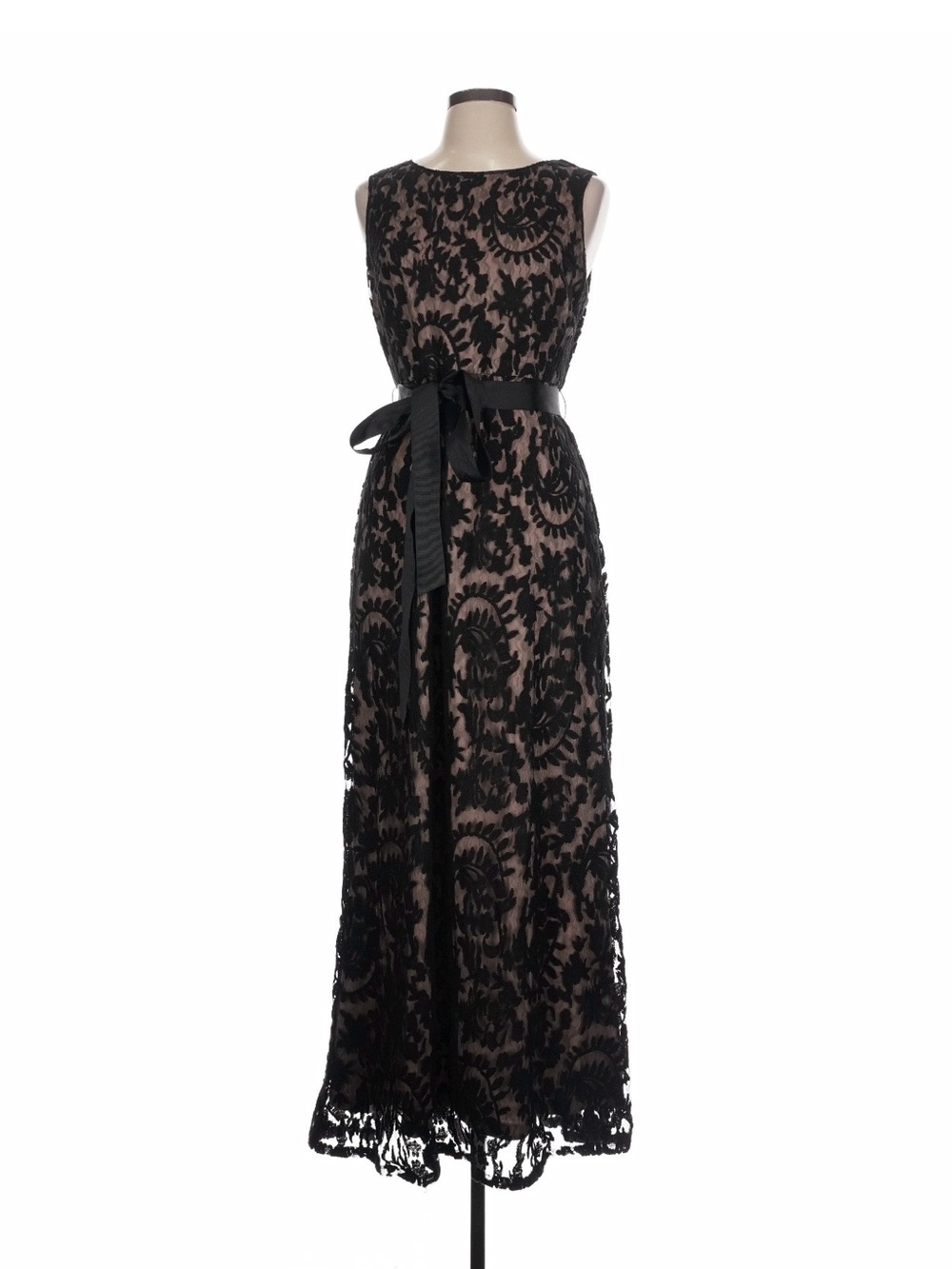 Adrianna Papell Black Lace Overlay Maxi Dress with Ribbon Waist